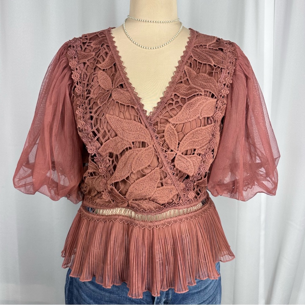 Haute Monde Floral Peekaboo Peplum Blouse Sz M‎ Lace Sheer Puff Sleeve Party EUC